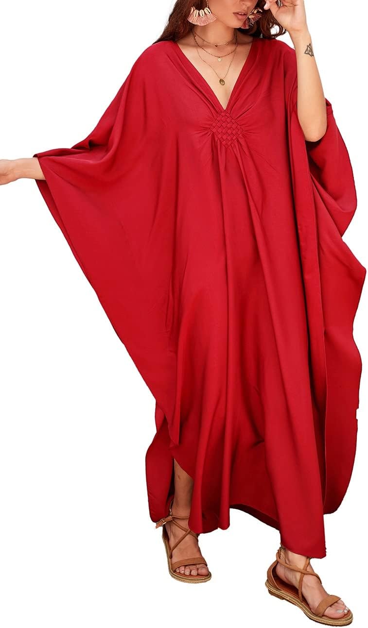 Bsubseach Women Solid Color Cover Up V Neck Batwing Sleeve Plus Size Beach Kaftan Dresses - Image 1